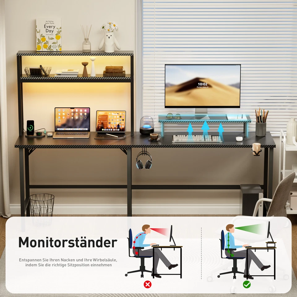 Gaming Tisch mit LED, Gaming Schreibtisch L Form mit 3 Steckdosen und 2 USB - Bild 4 von 4