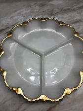 Anchor Hocking FIRE-KING OVENWARE Milk Glass Divided Relish Plate Gold Trim VTG