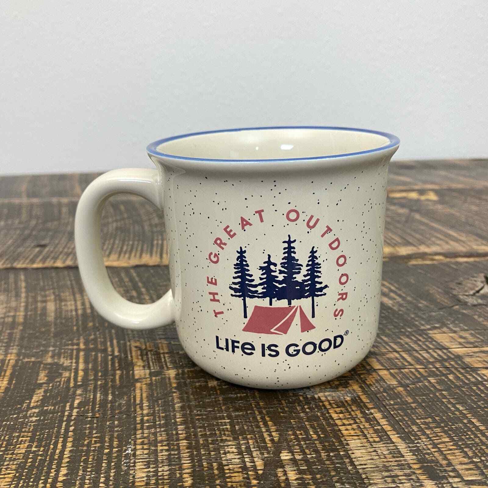 LIFE IS GOOD Coffee Mug 12 oz Camp Cup Tea Cocoa "The Great Outdoors" Tent Trees