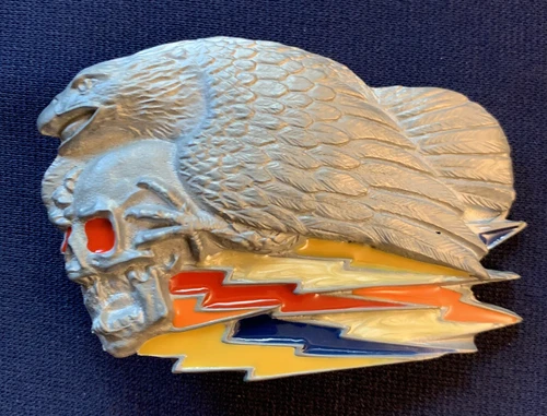 EAGLE SKULL SKELETON HEAD BELT BUCKLE RED EYE APPROX.   3 1/2" X  2 3/8"