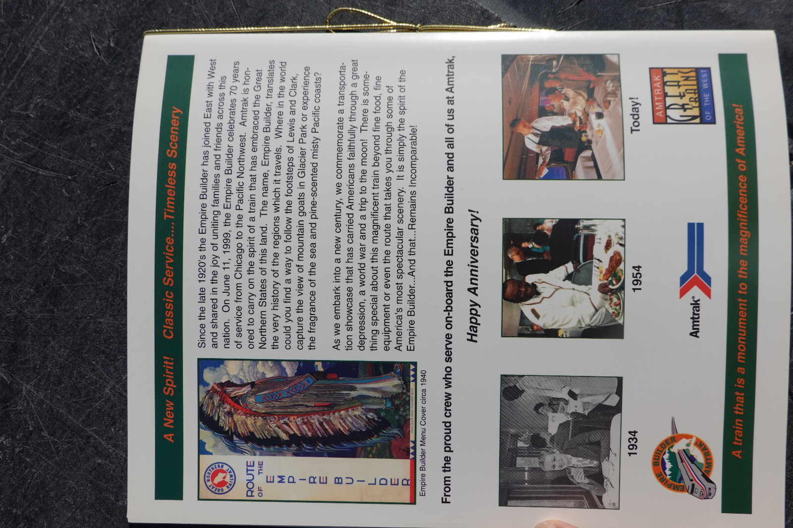 Amtrak Vintage EMPIRE BUILDER 70TH ANNIVERSARY COMMEMORATIVE dining car menu