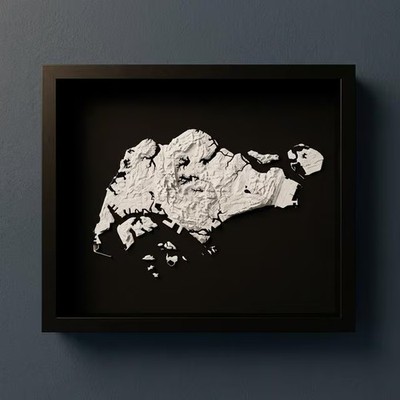 3D Singapore Map Wall Art: Topography in Black Wood Frame