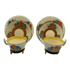 Clarice Cliff Autumn Crocus Cup Trios Two Sets hand painted flowers Bizarre