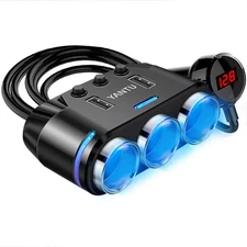 Cigarette Lighter Adapter & Splitter with 150W 3-Sockets & Ambient Lighting, ...
