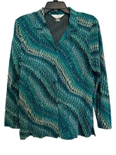 vintage Allison Daley Womens Button-Up Long Sleeve Top Size 8 Green Multicolor P