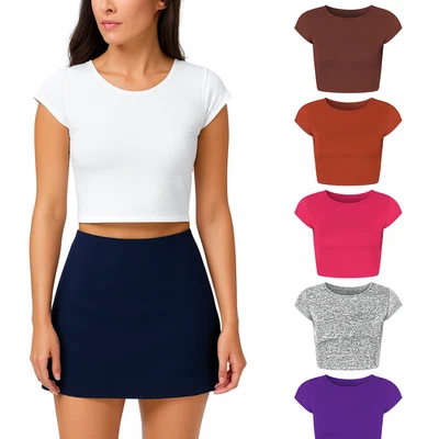 RSJ Womens Cap Sleeve Crop Top Ladies Round Neck Stretchy Vest T Shirt Blouse tee ML