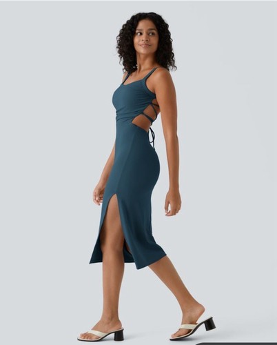 Halara Dress Small Ruched Backless Crisscross Lace Up Split Bodycon Midi Casual - Picture 2 of 10