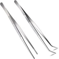2 Pcs 12 Inch Long Handle Stainless Steel Straight and Curved Tweezers Silver 