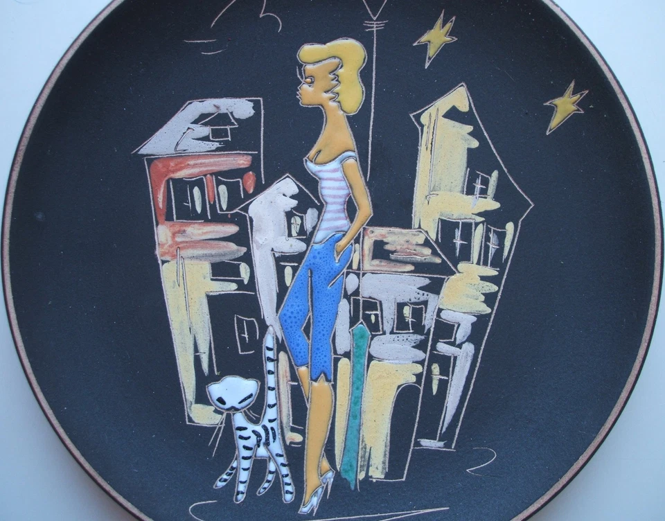 Ruscha - Wandteller "Paris" Ø ca. 19 cm, Teenager + Katze, Rockabilly, Vintage - Bild 2 von 3