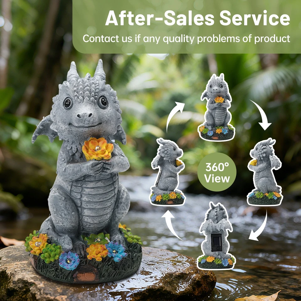 Jardín Solar Exterior Estatuas Dragón Sosteniendo Flor con Luces LED Solares - Césped Foto 3 de 4