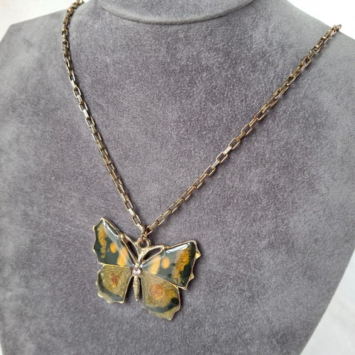 Enamel Butterfly Pendant Necklace Rectangle Chain Bronze Tone Retro Rhinestone - Picture 9 of 20