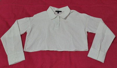 Kendall & Kylie Womens Cotton Long Sleeve Collard White Crop Top Shirt Size S