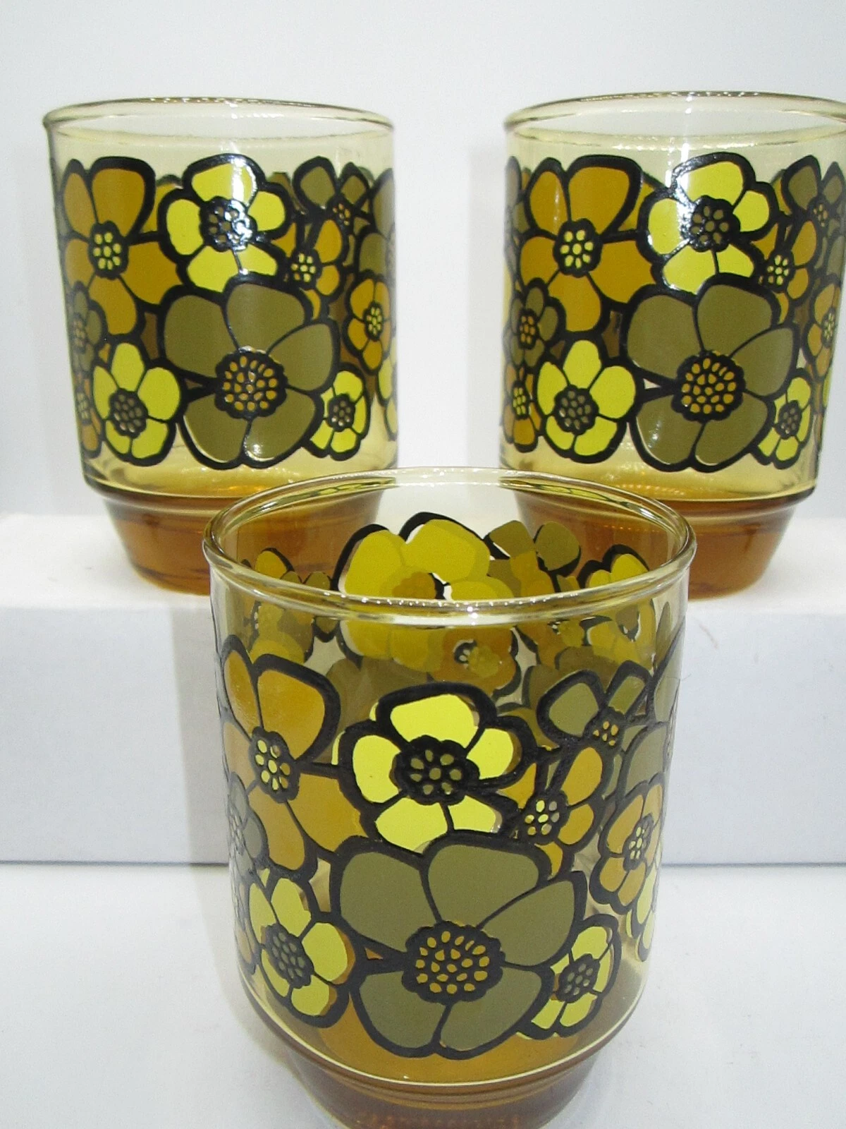 3 Vintage 70's Libbey Amber Daisy Flower Power Mod 14 oz Harvest Gold Glasses