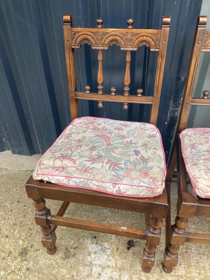 Vintage Ercol Brown Wooden Dining Kitchen Chairs x 4 Fabric Seat Pads