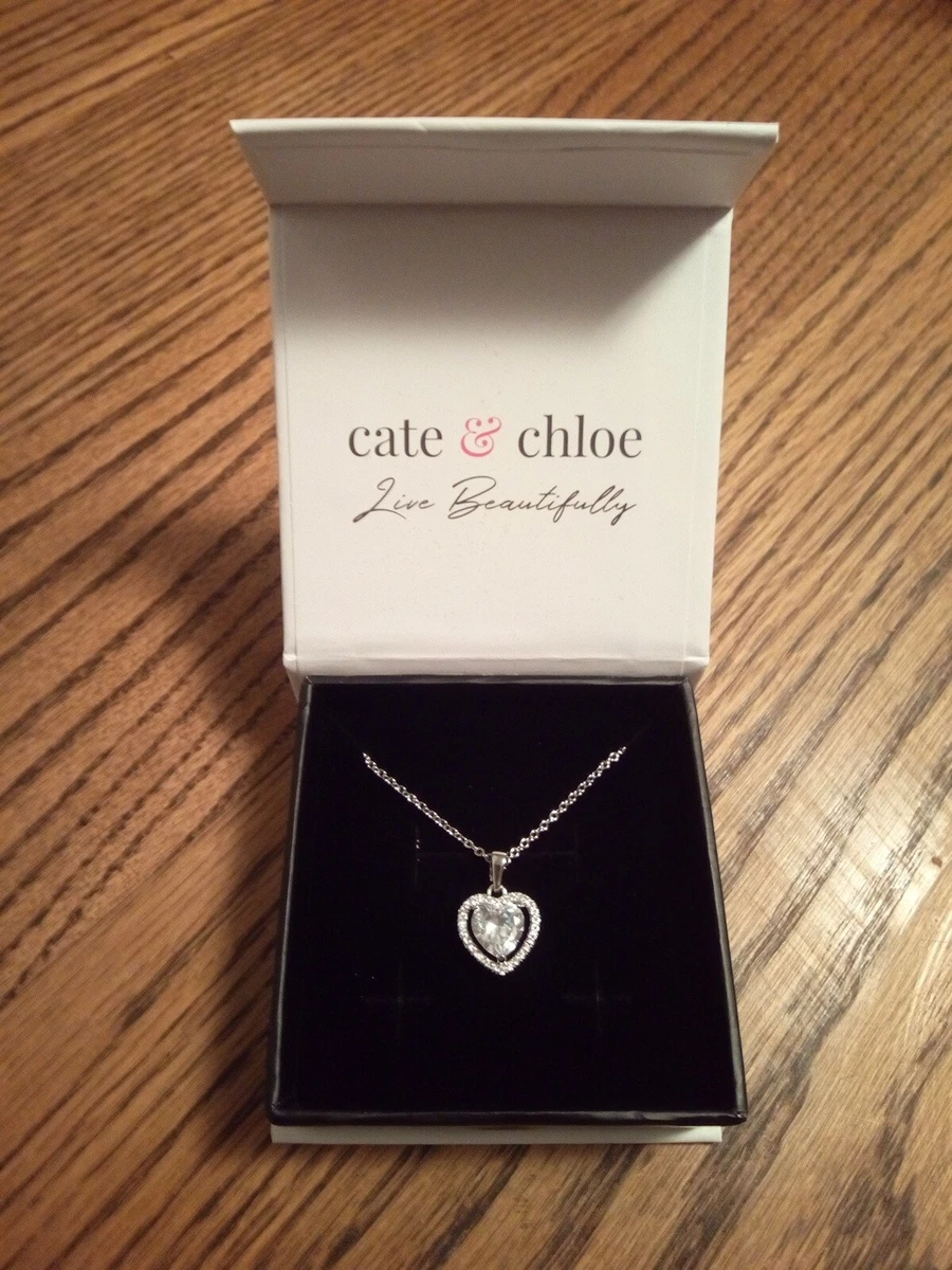 Cate And Chloe Amora 18k White Gold Plated Silver Pendant Necklace Halo Heart