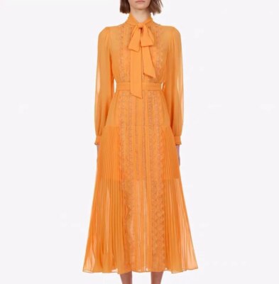 Self-Portrait Orange Lace Midi Dress Pleated Skirt Neck Tie New With Tags Self-Portrait Orange Lace Midi Dress Pleated Skirt Neck Tie New With Tags