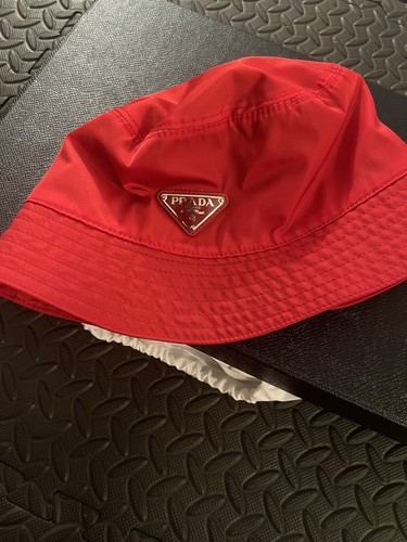 Prada Nylon Logo Bucket Hat Rosso