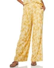The Normal Brand Ezra Crepe Wide Leg Pants sz L Cliff Rose Print Yellow NWOT NEW