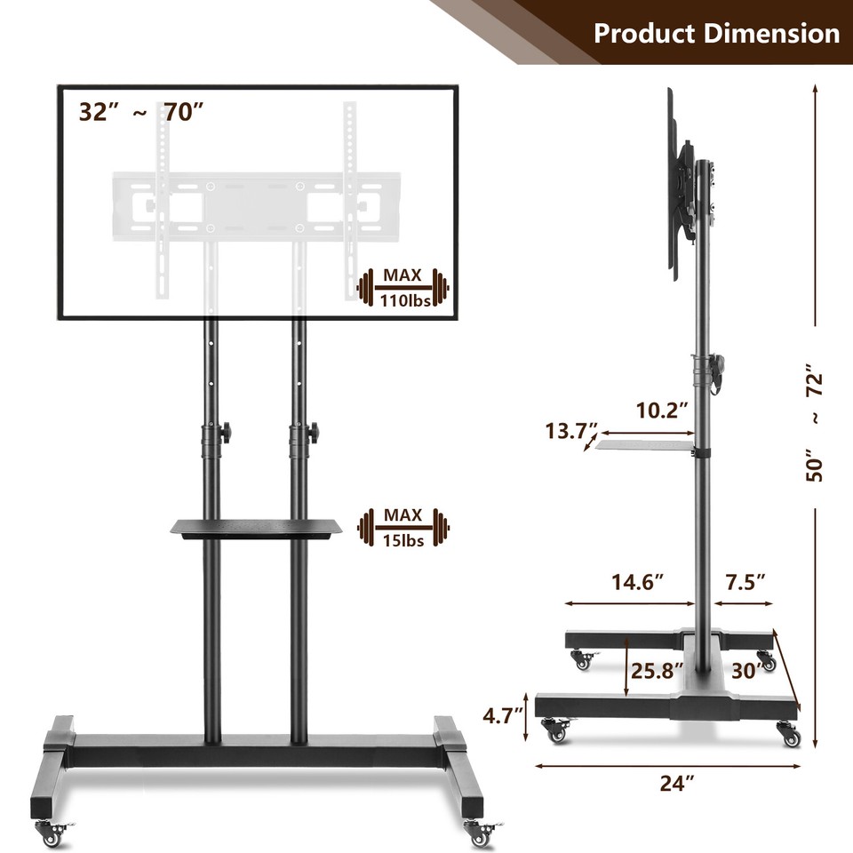 Rolling TV Stand Base Mobile TV Cart Floor Corner Stand with Mount for