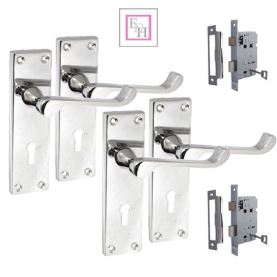 Silberne Türgriffe Viktorianisches Rollschloss Innengriffe + 3 Hebel FLÜGEL Schlossx2