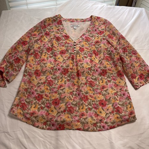 Coldwater Creek Women’s 1X Floral Blouse Sheer Tie Sleeve V Neck Boho Top