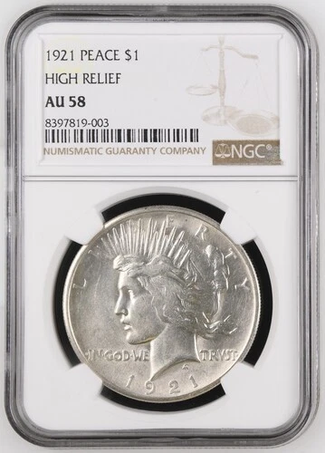1921 High Relief Peace Dollar AU58 NGC - Bright White w/ Superb Luster!