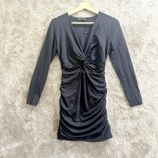 Zara Black Dress S Small Ruched Stretchy Gathered Twist Waist Long Sleeve