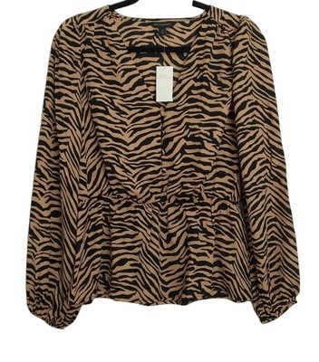 Banana Republic Peplum Elastic Waist Blouse Women's S Brown Cheetah Striped~ New