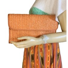 BORSA POCHETTE DONNA VINTAGE ANNI 80 CIRCA ARANCIONE PAGLIA RAFIA