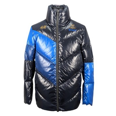 H&M Sport Sweden Olympic Team Down Puffer Jacket Navy Blue Gold Womans Small