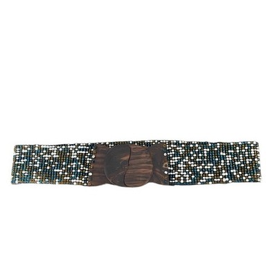 Vintage Beaded Stretchy Wide Waist Belt Wood Buckle Green  display picture 1