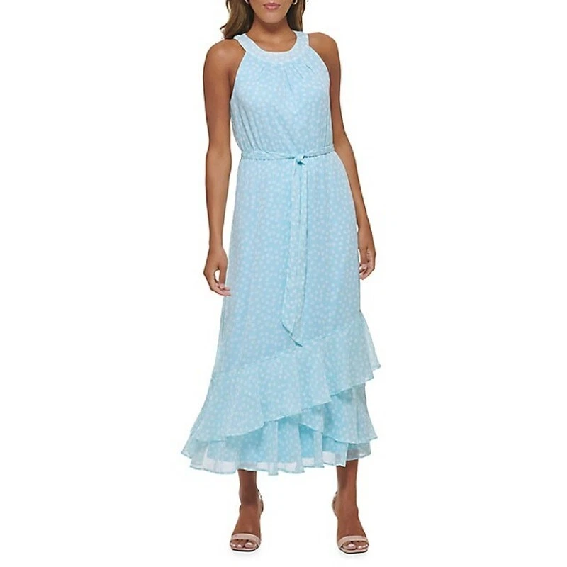 Maxi Vestido Calvin Klein Halter Vestido Lunares Mujer 10 Azul Blanco Volantes Foto 4 de 4