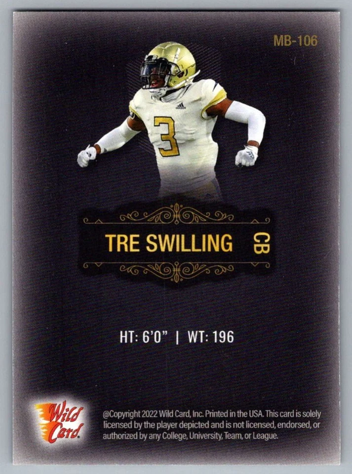 2022 Wild Card Matte Tre Swilling Georgia Tech Yellow Jackets #MB-106 - Image 2 of 2