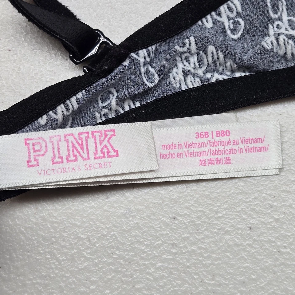 Victoria's Secret PINK Women Bra 36B Black Spellout Geometric Lightly Lined - Image 3 of 4