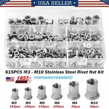 150~615X Assortment Rivet Nuts Kit 304 Stainless Steel Flat Head Threaded Rivnut