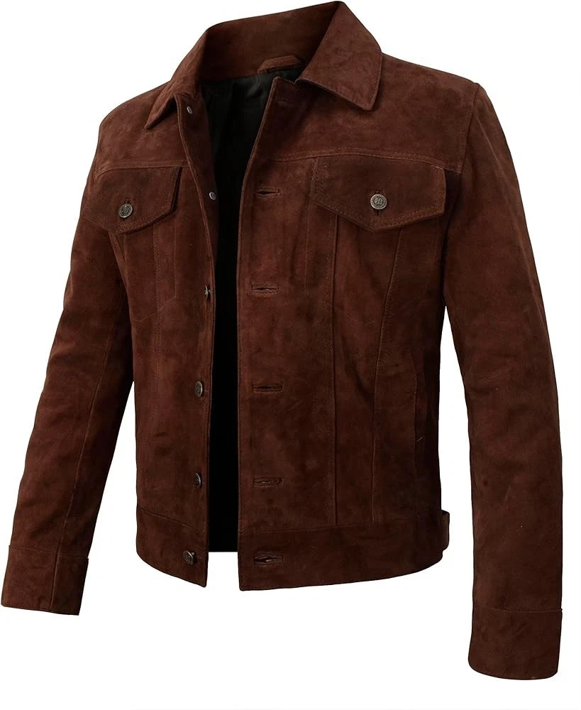 Men Trucker Denim Style Western Suede Leather Jacket Jean Coat Denim Jacket
Opens in a new window or