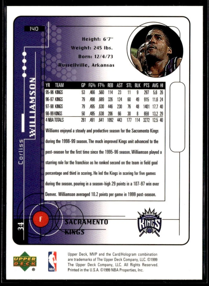 1999-00 Upper Deck MVP #140 Corliss Williamson - Image 2 of 2