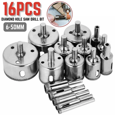 SHOPTRENDYS 16pcs Diamond Hole Saw Drill Bit Set Glass Ceramic Tile Porcelain Cutting 6-50mm