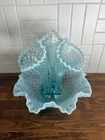 Vintage 9” Fenton Blue Opalescent Hobnail Epergne 3 Horn Trumpet Vase MINT