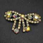 Aurora Borealis Rhinestone Bow Brooch Gold Tone Vintage Glam Costume Jewelry