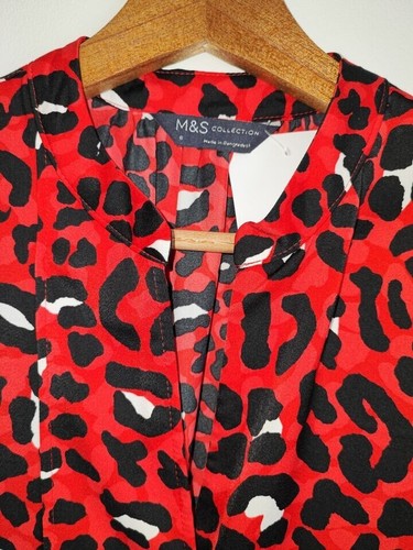 M&S Top Damen UK 8 Rot Schwarz Mix Animal Print Langarm Chiffon Bluse - Bild 2 von 8