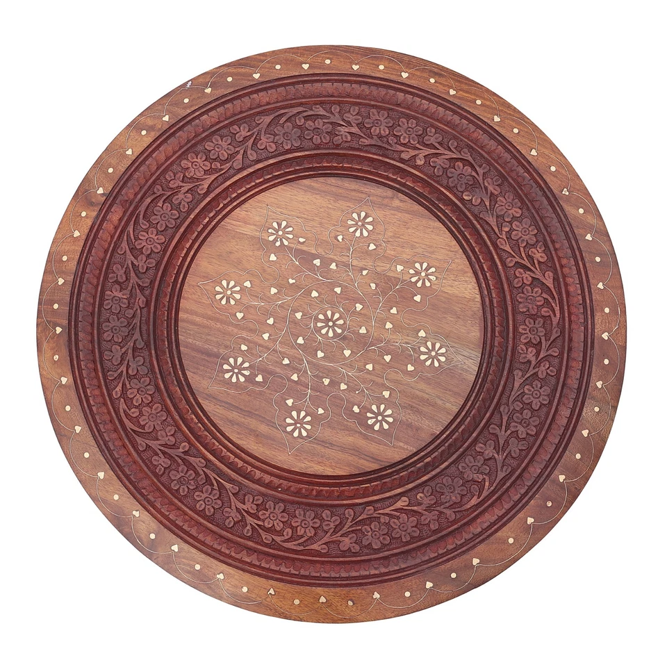 Indian Handcarved 18 Inch Wooden Side/End Table with Brass Inlay on Floral Motif - Image 4 of 4