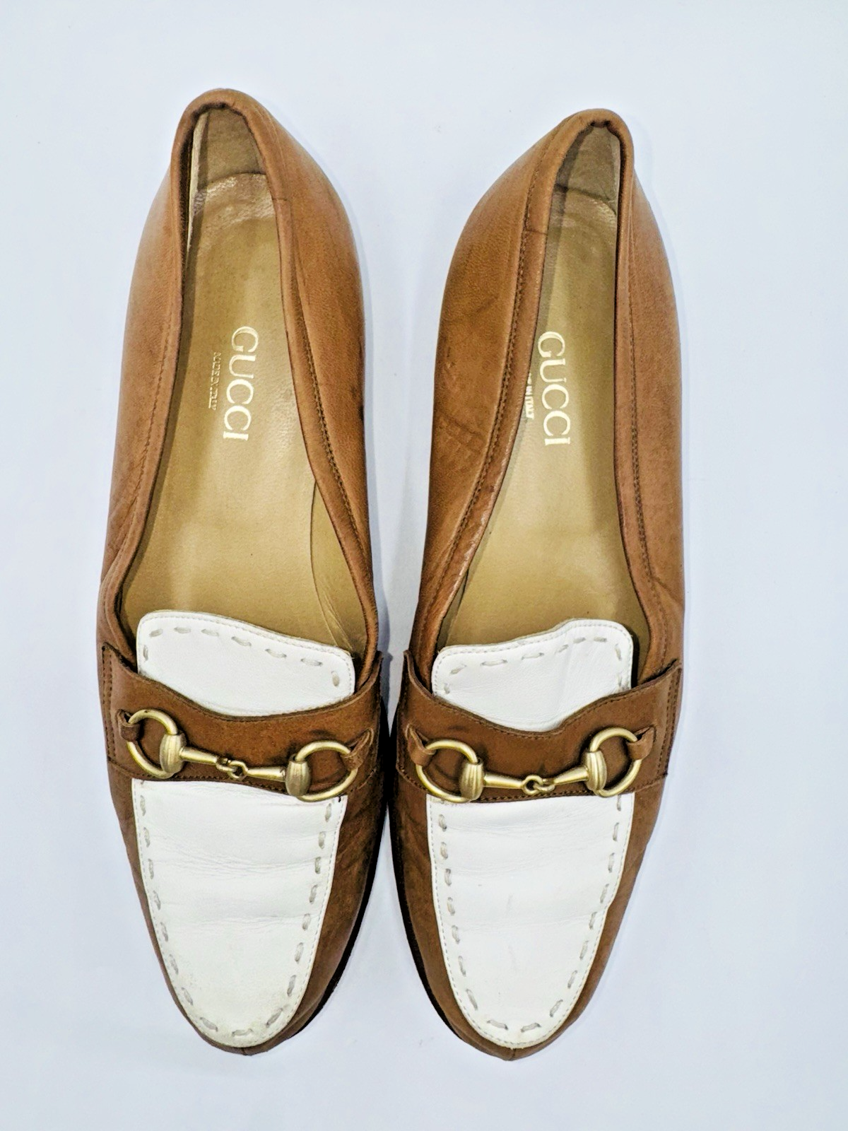 Gucci Brown White Two Tone Leather Loafers with Gold Horsebit Size 38 AA-image