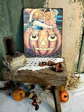 VINTAGE VICTORIAN PRIMITIVE STYLE PUMPKIN PEOPLE MERRY HALLOWEEN SIGN CANVAS 