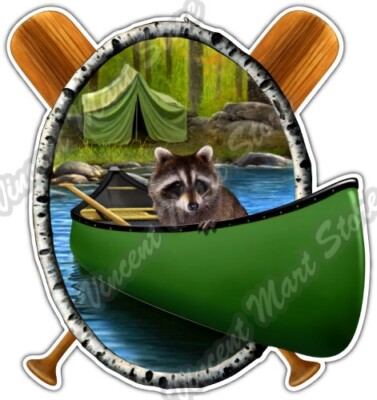 Camping Racoon Woods Forest Lake Canoe Car Bumper Vinyl Sticker Decal 4''X5''