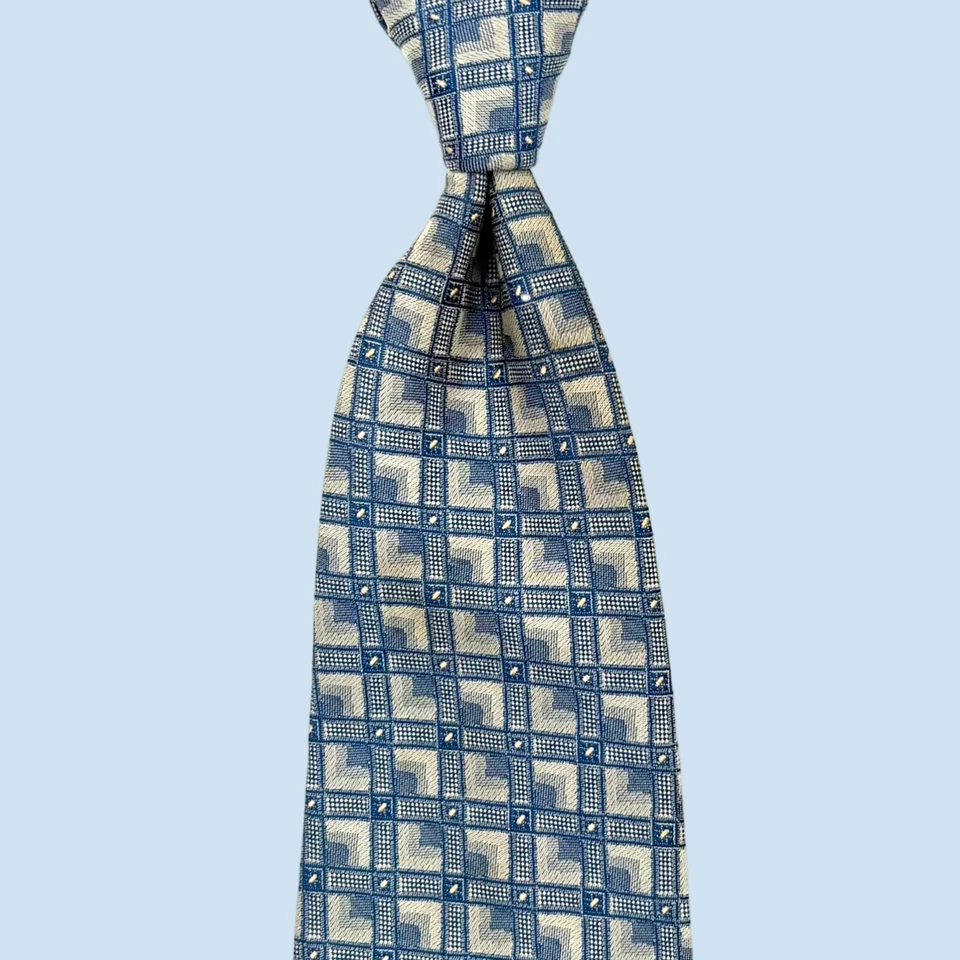 Corbata Paco Rabanne - Gris Azul Cuadrados Punteados Rejilla Patrón Vintage Italia Corbata de Seda Foto 3 de 4