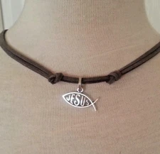 Leather Necklace Fish Faith Jesus Charm Pendant Handmade Men's Woman Choker Gray