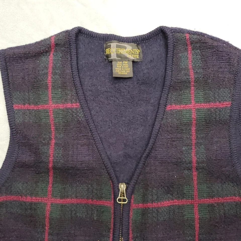 De Colección Suéter Chaleco Mujer M Pequeño Azul Lana a Cuadros Cremallera Cárdigan Preppy Academia Foto 3 de 4