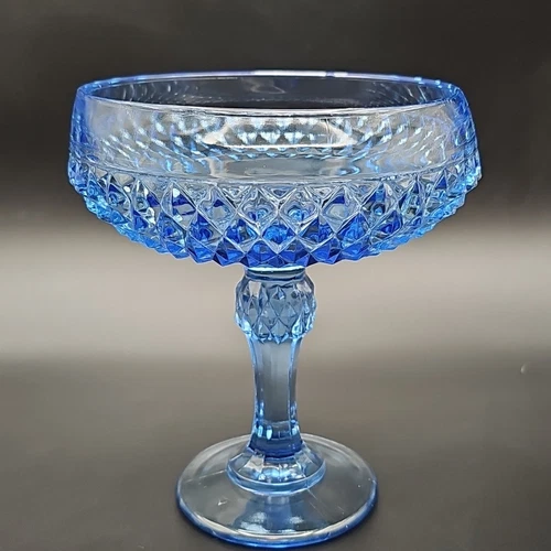 Vintage Blue Diamond Cut Indiana Glass   7 3/8" Tall Footed Candy Bowl Beautifu!