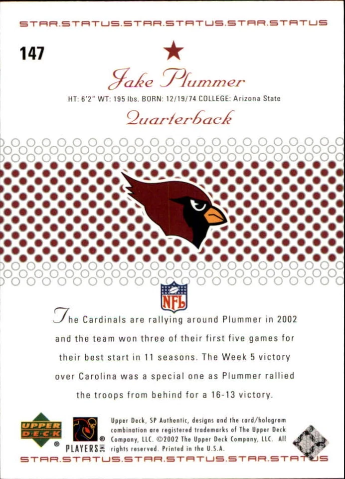 A4181- 2002 SP Authentic #147 Jake Plummer SS /1150 (SAMPLE PICTURE) - Image 2 of 2